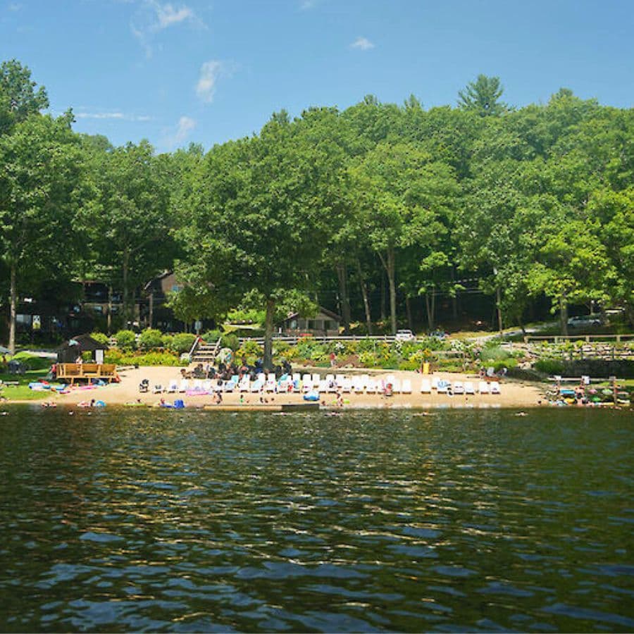 A peaceful lakeside beach with sunbathers and lush greenery in the background.