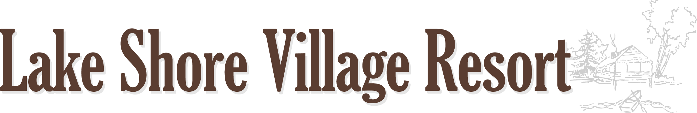 Text logo for "Lake Shore Village Resort" featuring rustic font and a cabin illustration.