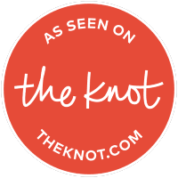Red circular logo with the text "As seen on the knot" and "theknot.com."
