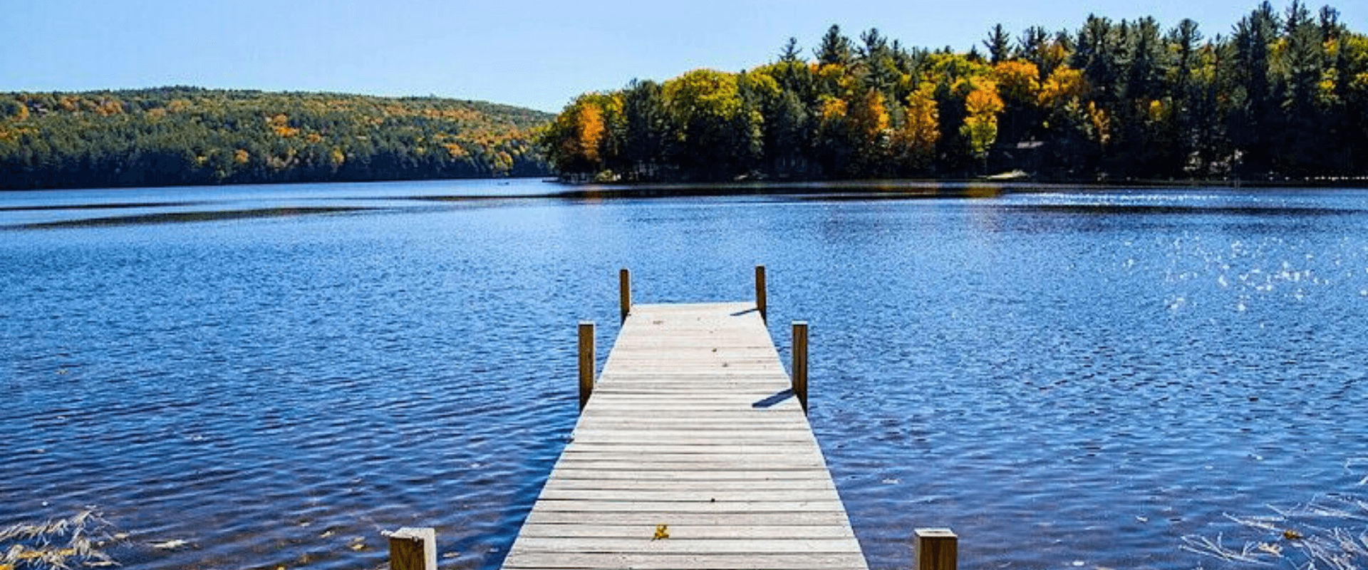 A wooden dock extending into a calm lake surrounded by trees in autumn colors.