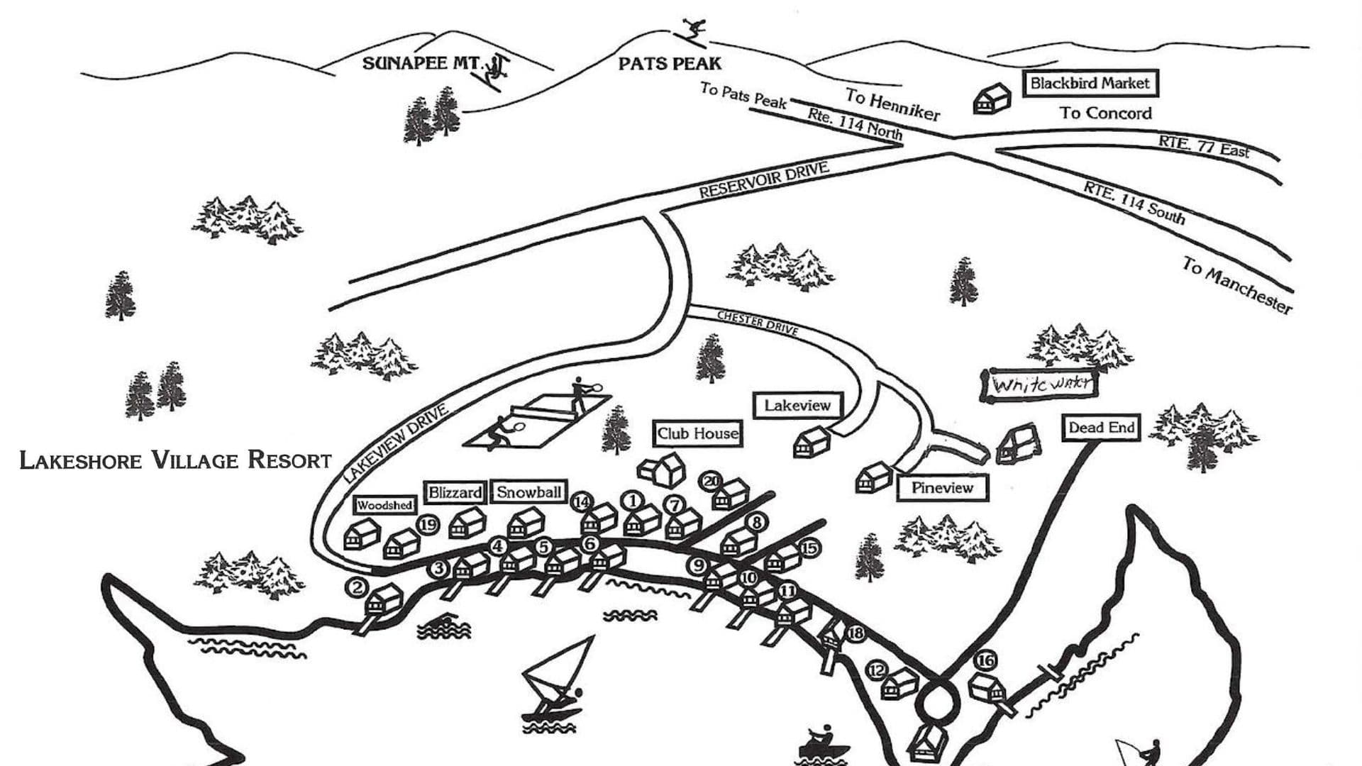 Map of Lakeshore Village Resort, showing roads, cabins, and nearby mountains.